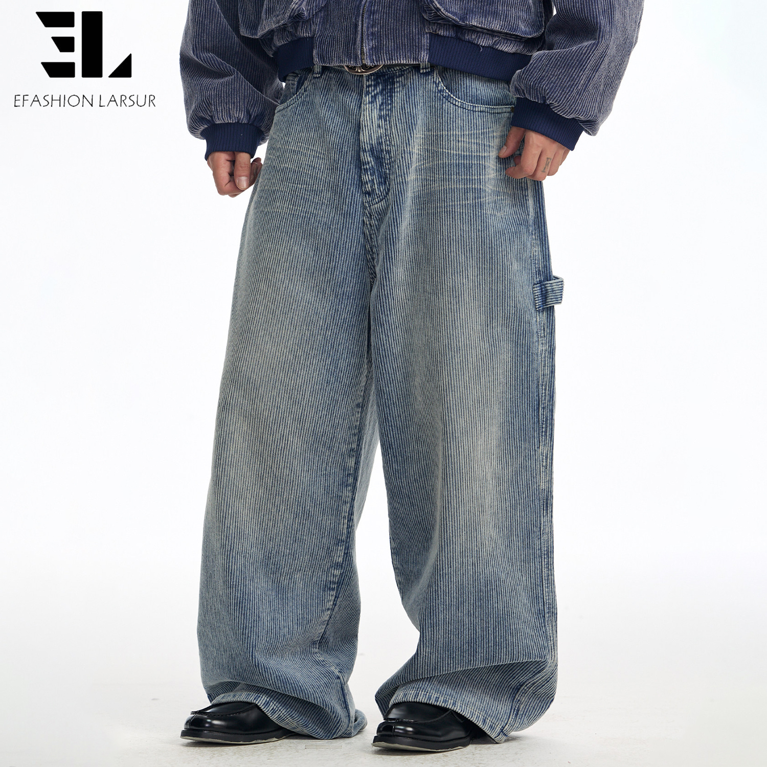 LARSUR Custom Factory Cotton Heavy Distress Wash Faded Corduroy Cargo Pants Baggy Straight Without Knee Carpenter Corduroy Pants
