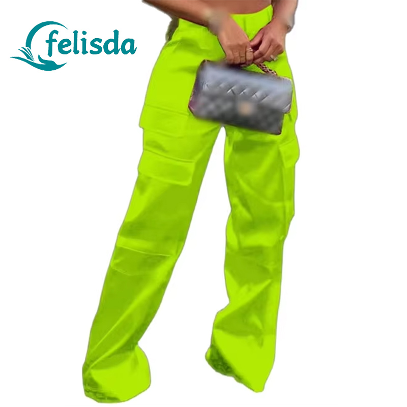 Women Fashion Multi Pocket Front Straight Jogger Pants Comfortable Solid High Waist Summer Wide Leg Streetwear Cargo Trousers