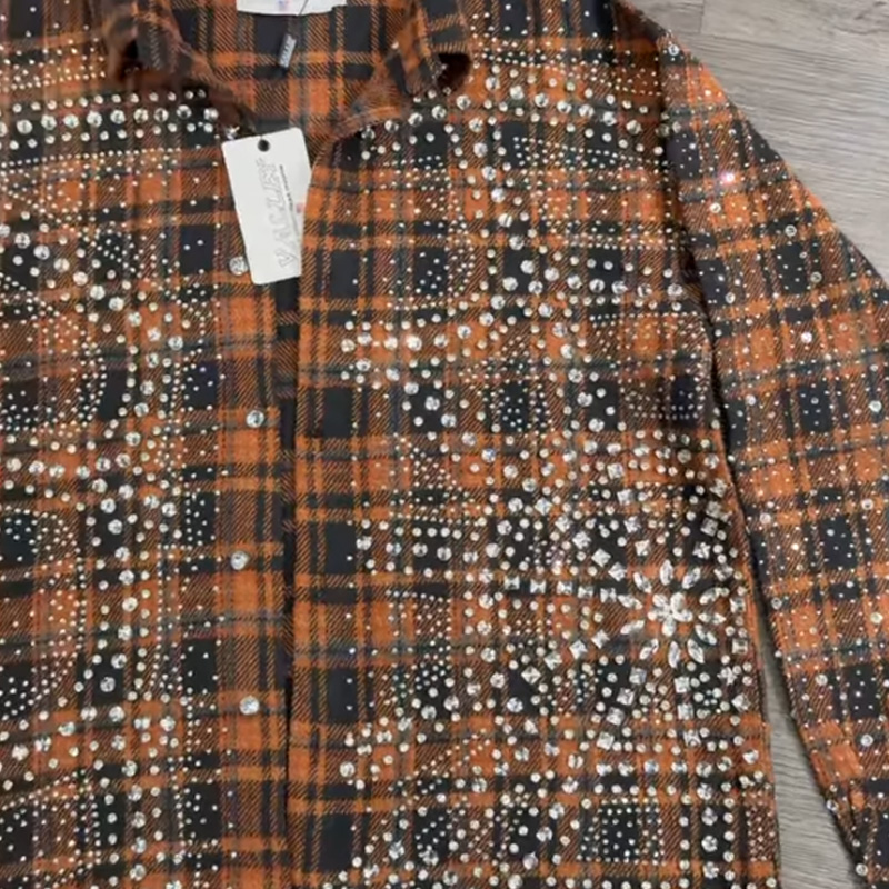 Orange Custom Sun Faded All Over Crystal Luxury Drop Shoulder Long Sleeve Cropped Boxy Fit Acid Wash Button up Flannel Shirt Men