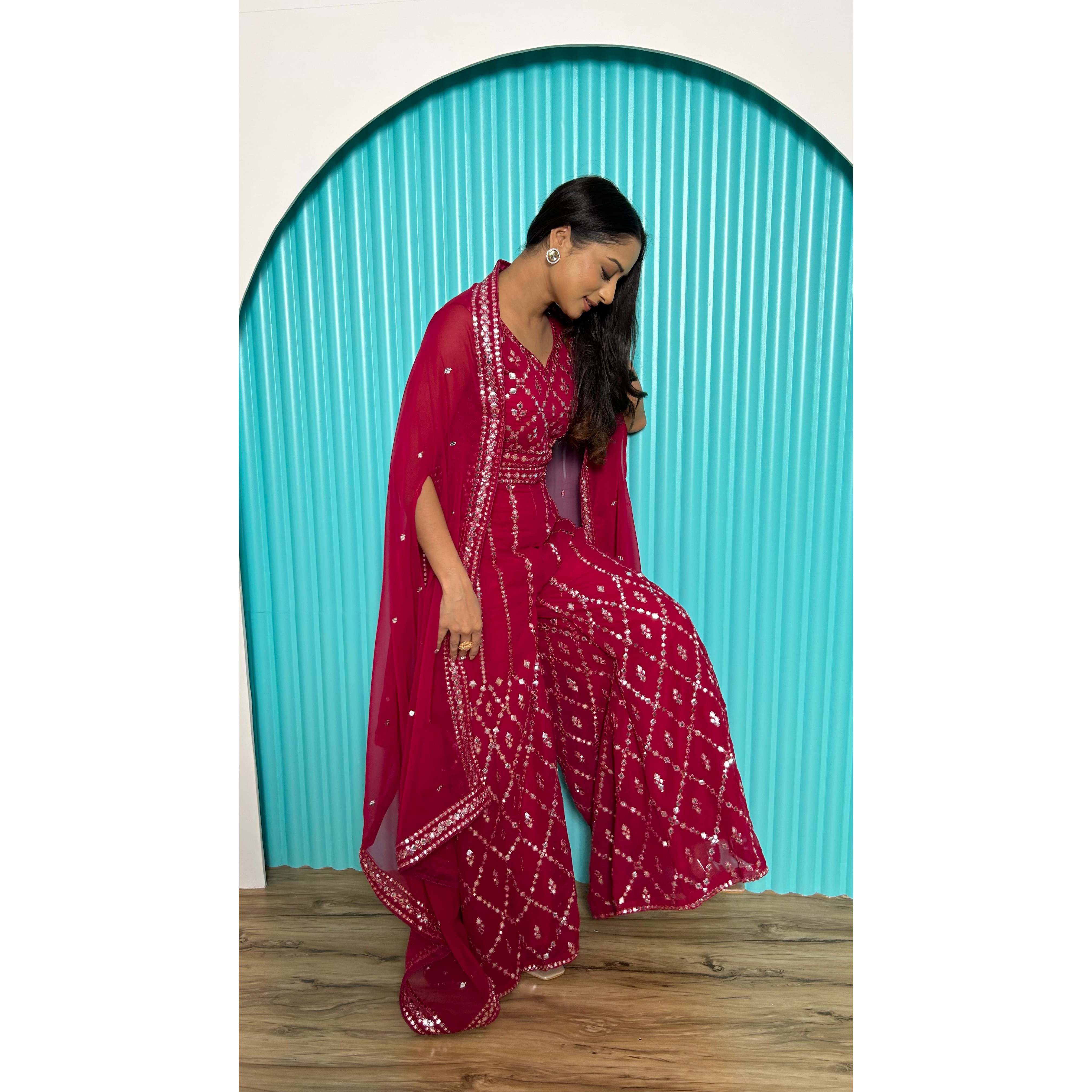 Beautiful Traditional Clothing - Top Bottom Koti in Dark-Pink Size M with Foil Mirror and Thread Work