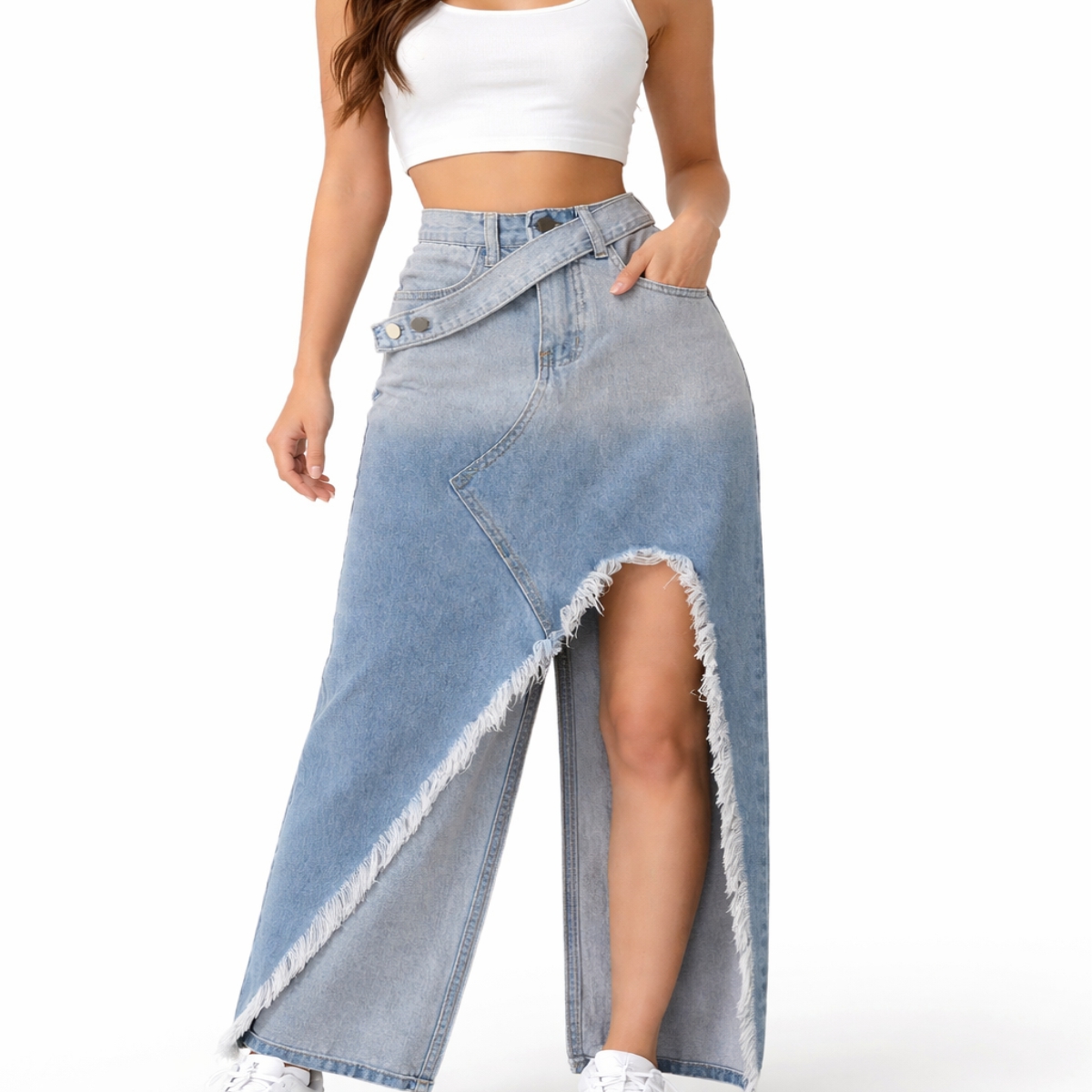 Women's High Waist Front Slit Breathable Quick Dry Denim Maxi Skirt with Button Detail and Pocket Vintage Style Ankle-Length