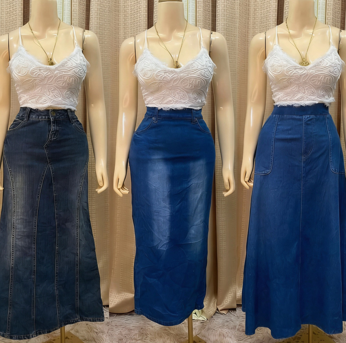 Summer New Women's Floral Long Denim Skirt Vintage High Waist Straight Tube Large A-line Pencil Spring/Winter