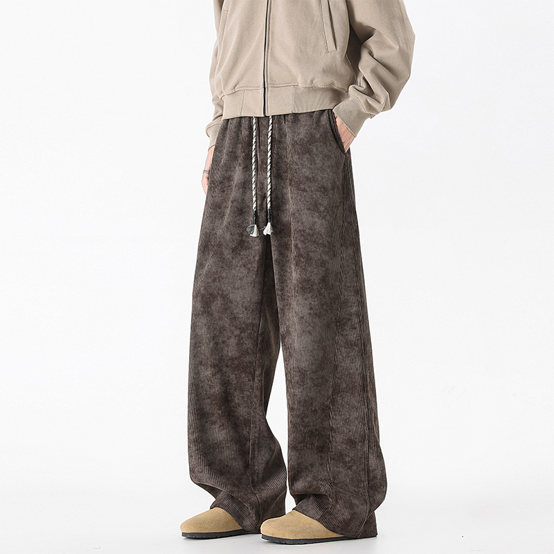 Men's Autumn Corduroy Polyester Fiber Casual Pants Loose Fit Straight-leg Wide-leg Machine Washable