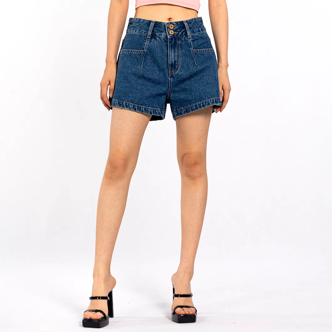 Navy Blue Double Button Loose Casual Summer Denim Shorts Women