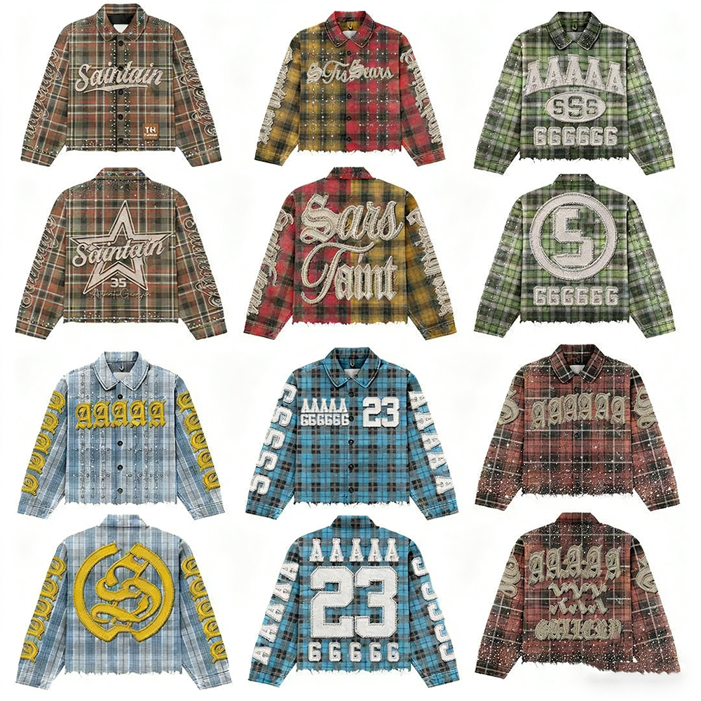 Custom Boxy Cropped Shirt Long Sleeve Diamond Rhinestone Embroidery Distressed T-shirt Button Up Check Plaid Flannel Shirt Men