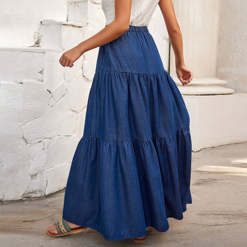 Y218636 High-Quality Plus Size Denim Skirt for Women Casual Elastic Waist Patchwork Ruched Long Jeans Skirt for Ladies