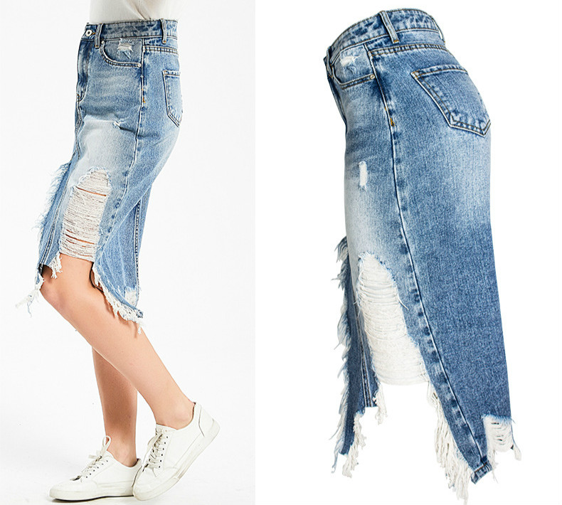 Ripped Denim Skirts Womens Asymmetrical Pencil Jean Skirt Ladies High Split Midi Skirt Plus Size 2XL 3XL