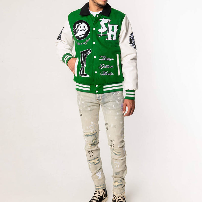 Custom Design Logo Embroidered Eco-Friendly Windproof Anti-Bacterial Thick Wool/Polyester Hip Hop Varsity Bomber Jacket High