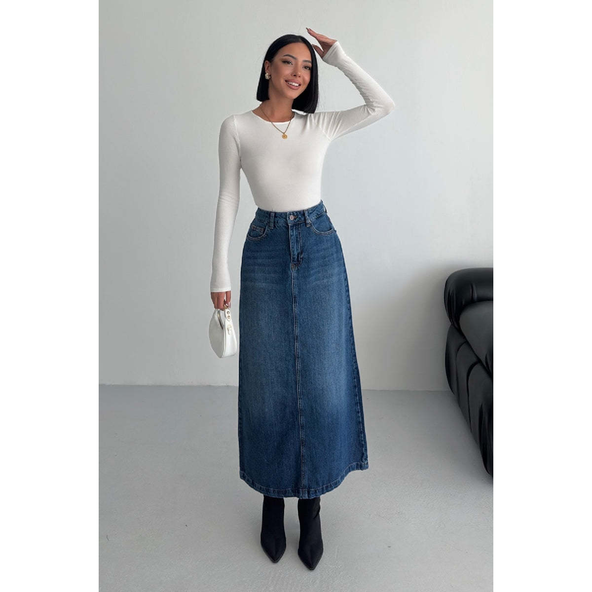 XLove Jeans Long Straight Silhouette 100% Cotton Simple Denim Skirt