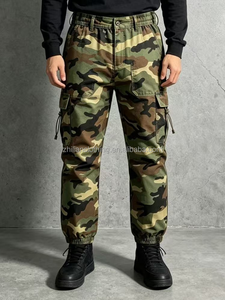 Classic Woodland Camo Cargo Jogger Pants Multi Drawstring Side Pockets Elastic Waist Streetwear Pants Trousers