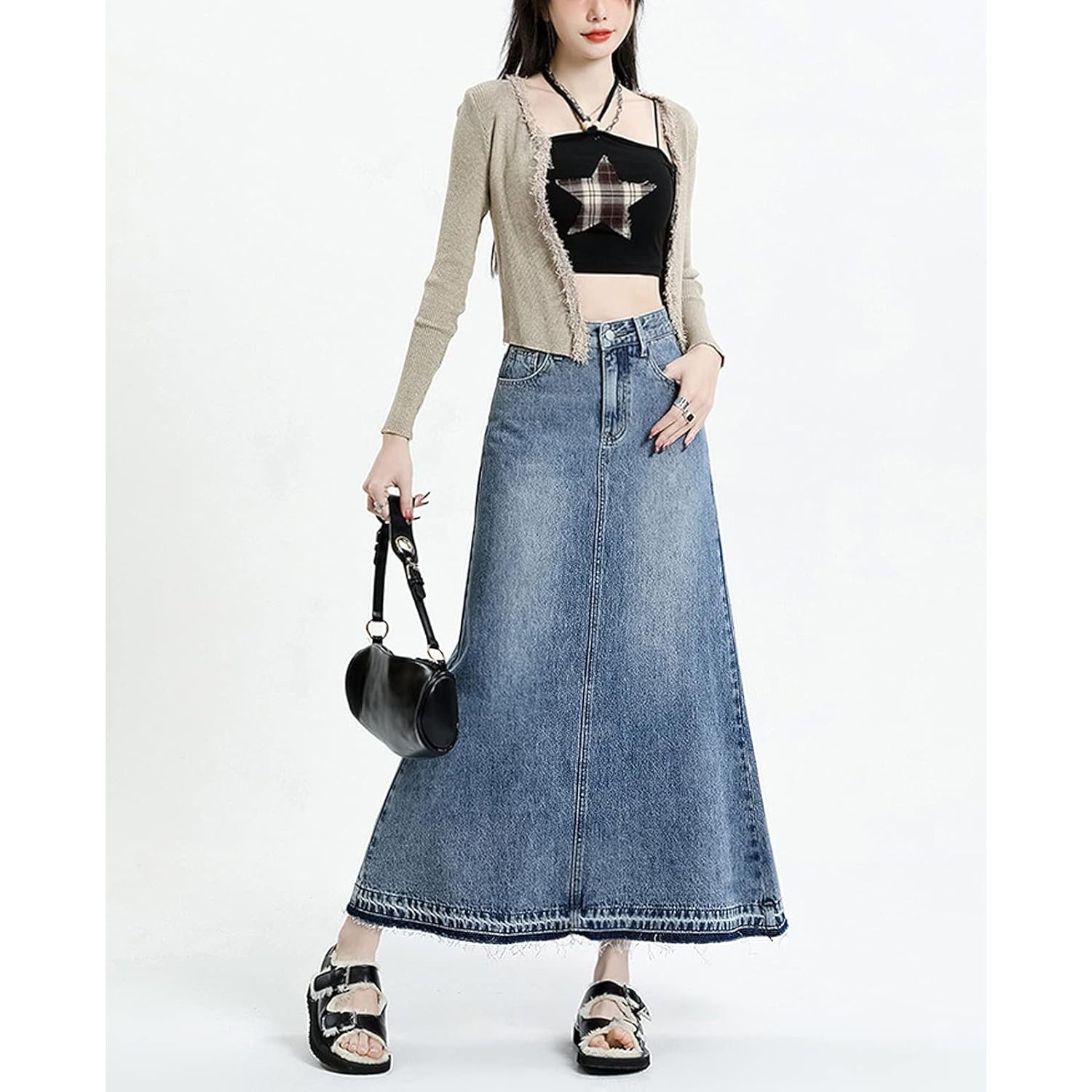 Women's High-Waisted A-Line Maxi Denim Skirt Button Decoration Frayed Raw Hem Washed Technique Casual Y2K Style Summer