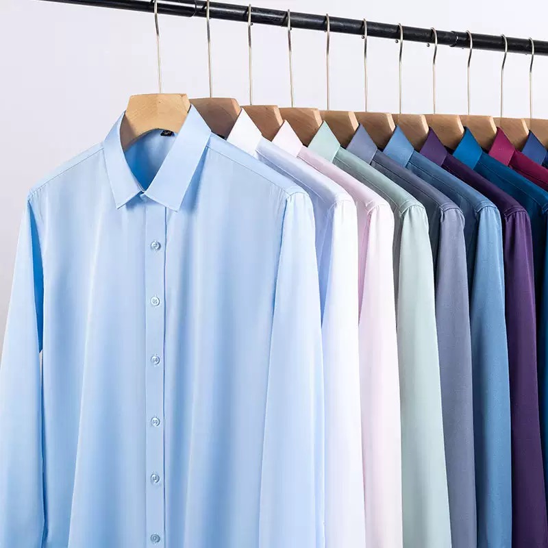 2026 New Style Men's Long-Sleeved Shirt - Solid Color, Elastic, Non-Stretch, Professional Workwear, Utility Wear