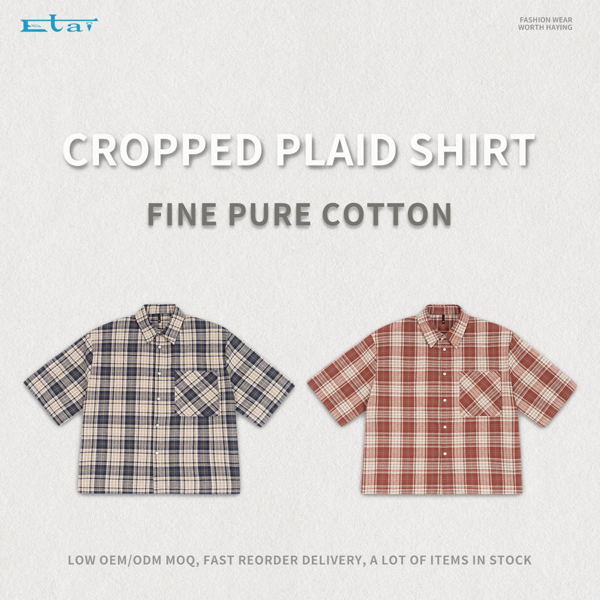 Manufacturer Custom Flannel Shirts 100% Cotton Short Sleeve Cropped Boxy Plaid Button Up Shirt For Men