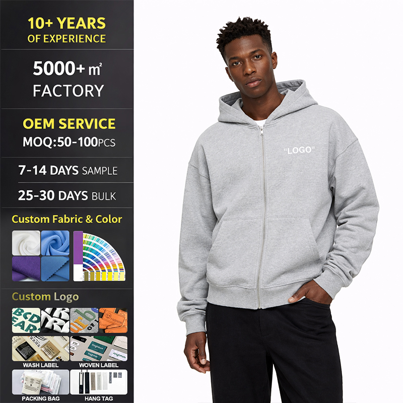 Custom logo Zip up Hoodies Sweatshirts Thick Pullover Blank Puff Printing Heavyweight Boxy High Quality Hoodie with Zippers