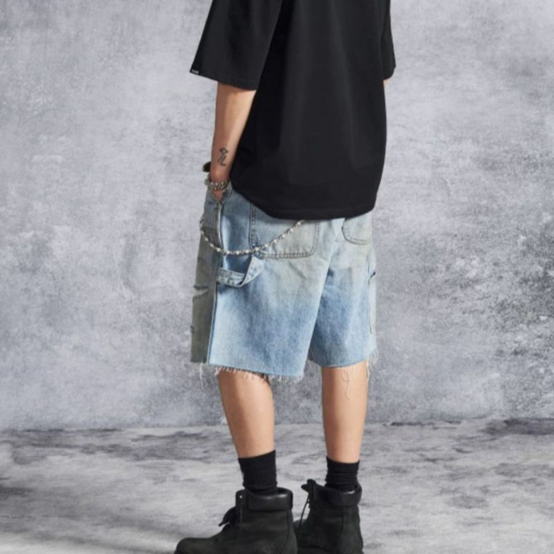 Summer Men's High-End Design Spliced Perforated Straight Leg Denim Shorts