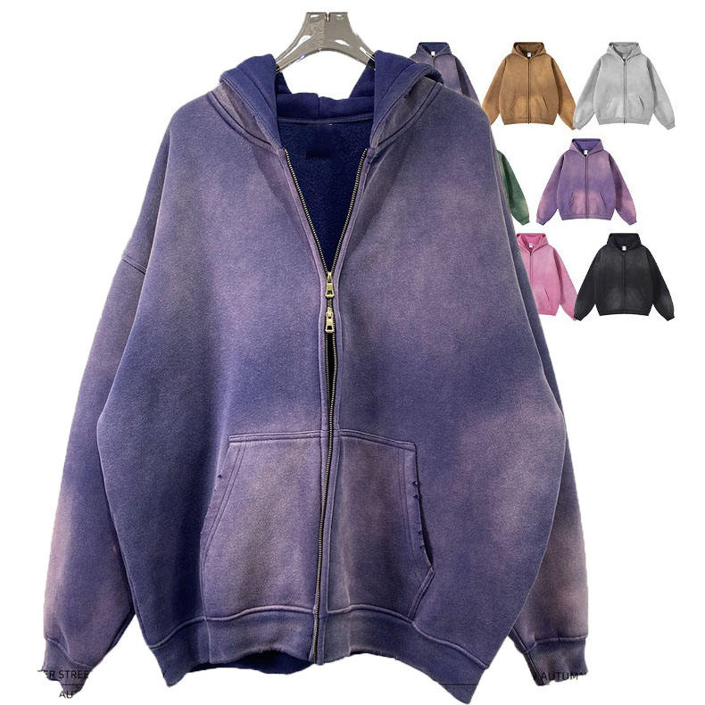 Custom Oversized Fit Heavyweight Acid Wash Air Layer Zip Up Sudaderas Hombre Blank High Quality Casual Basics Boxy Hoodies Men