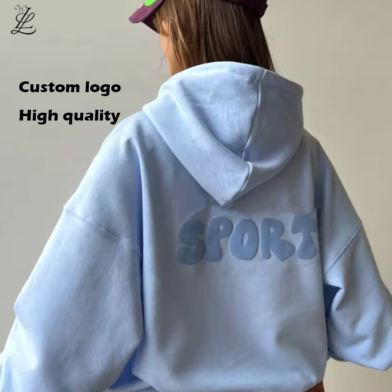 Custom logo 3d Puff Printing Graphic Hoodies Women Streetwear High Quality Drop Shoulder Oversized Pullover Sweatshirt Women