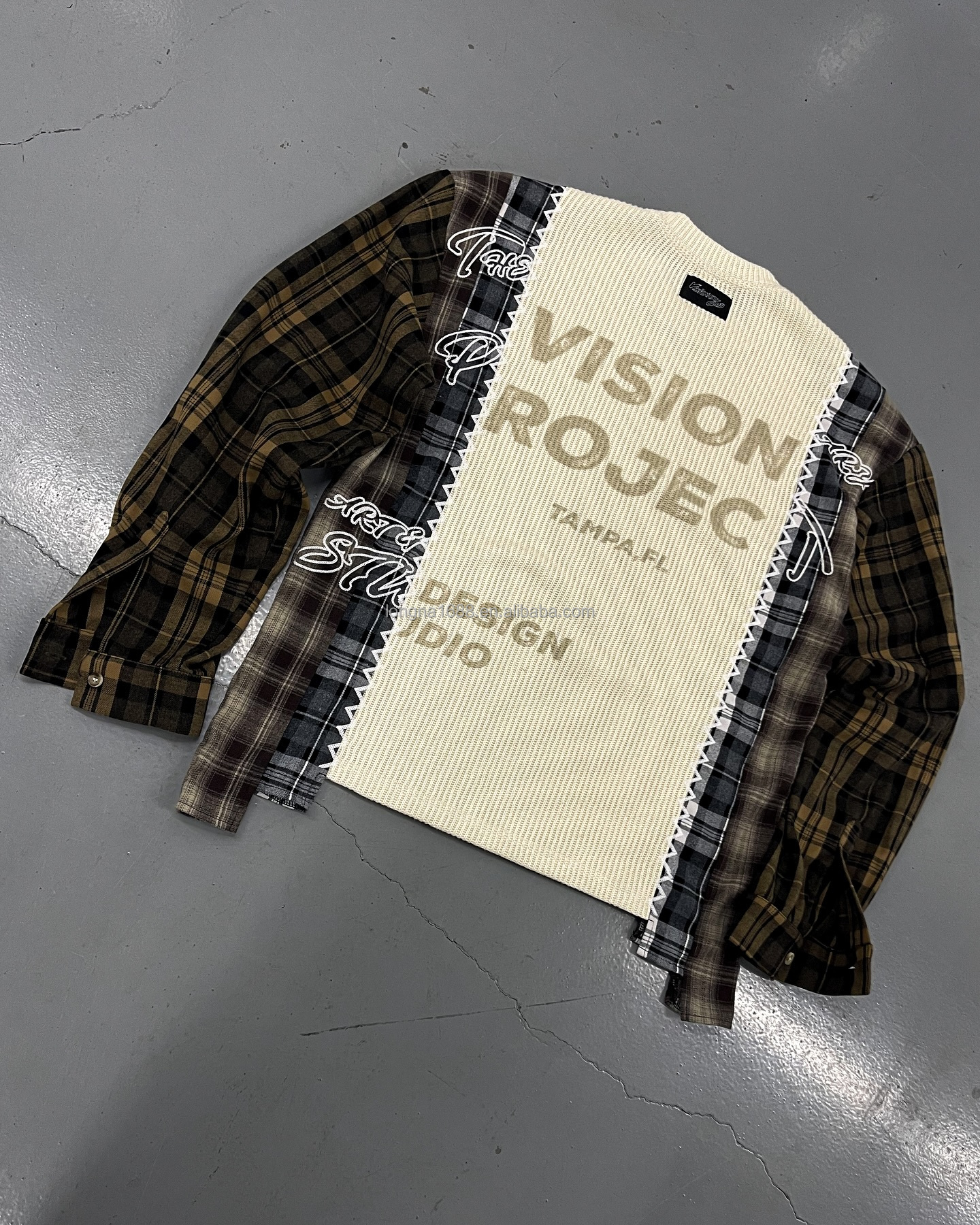Factory Men's Oversized Chain Embroidery Thermal Waffle Knit Shirts Plaid Cotton DTG Flannel Long Sleeve Shirts For Man