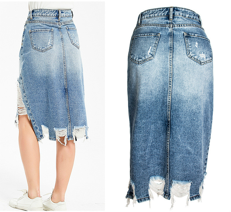 Ripped Denim Skirts Womens Asymmetrical Pencil Jean Skirt Ladies High Split Midi Skirt Plus Size 2XL 3XL