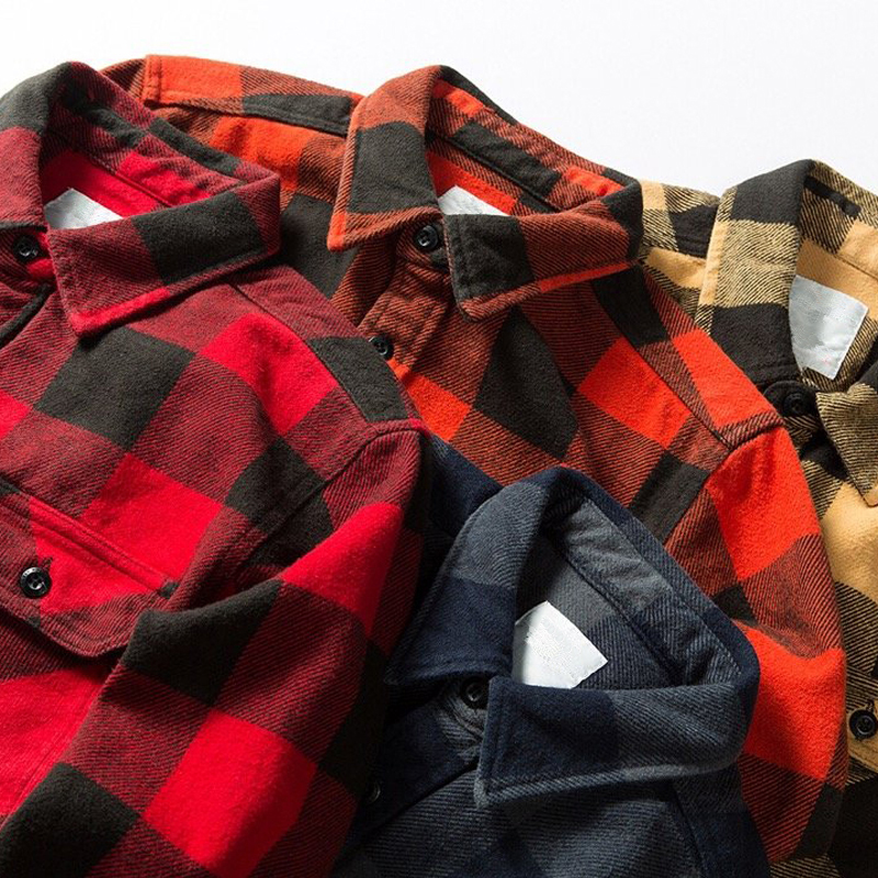 Custom Men's 100% Cotton Thick Autumn Winter Button Down Long Sleeved Shirt Vintage Men Flannel Plaid Shirt