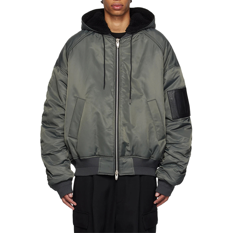 OEM Customized Reversible Insulated Bomber Jacket for Men Streetwear Twill Woolen Collarless for Winter