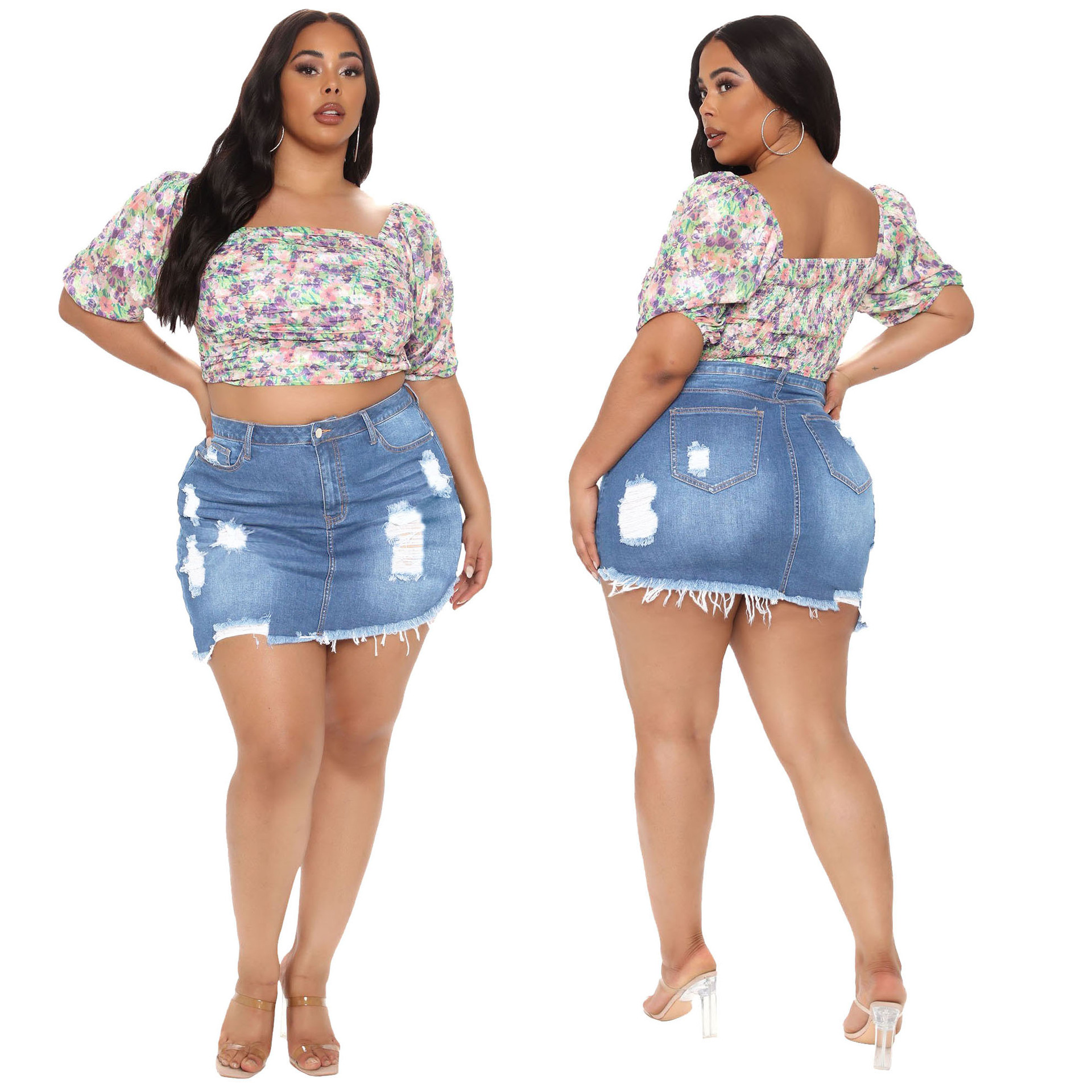 Custom Plus Size Denim Skirts High Waist High Quality Skinny Slim Fit Elastic Cropped Ripped Women's Denim Skirts