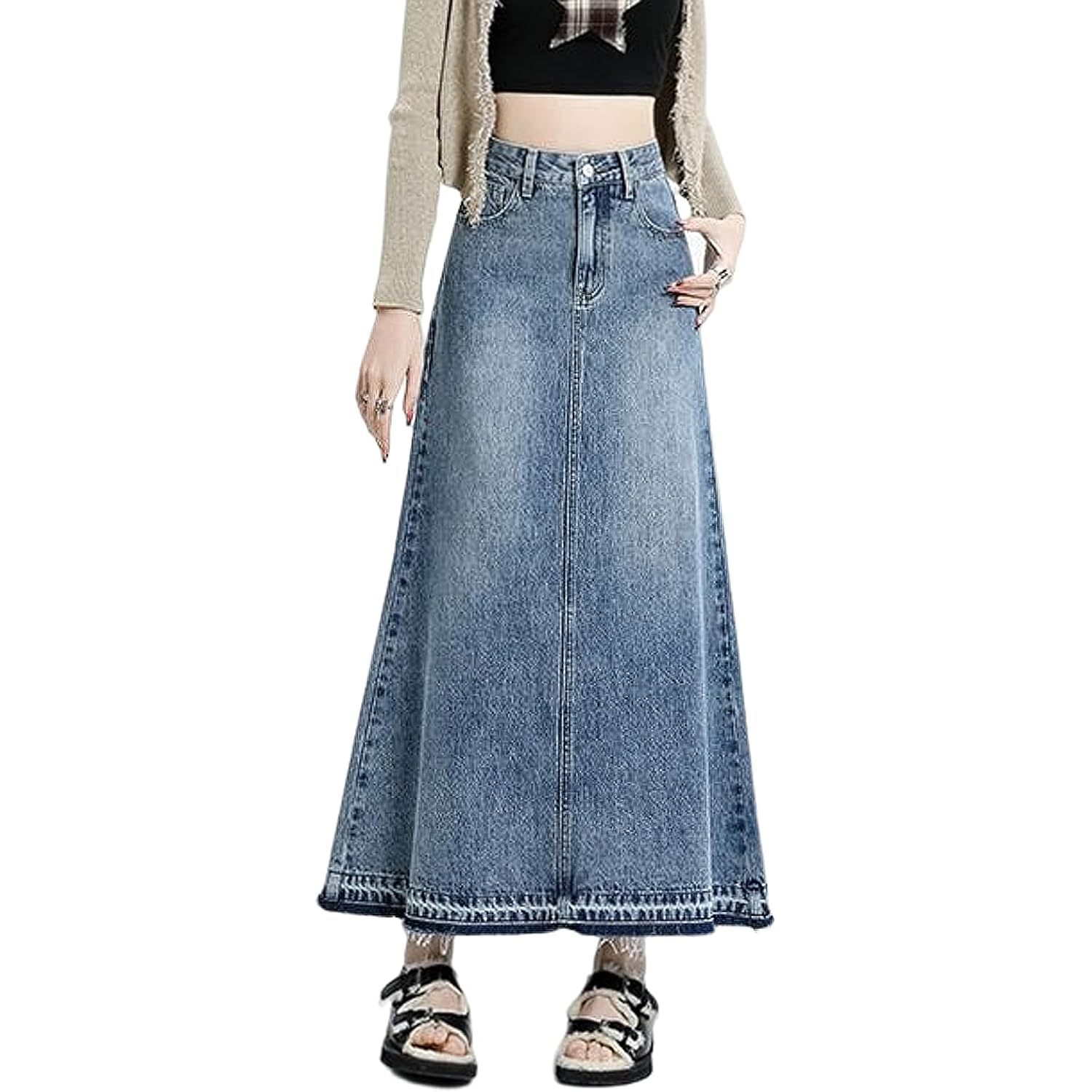 Women's High-Waisted A-Line Maxi Denim Skirt Button Decoration Frayed Raw Hem Washed Technique Casual Y2K Style Summer