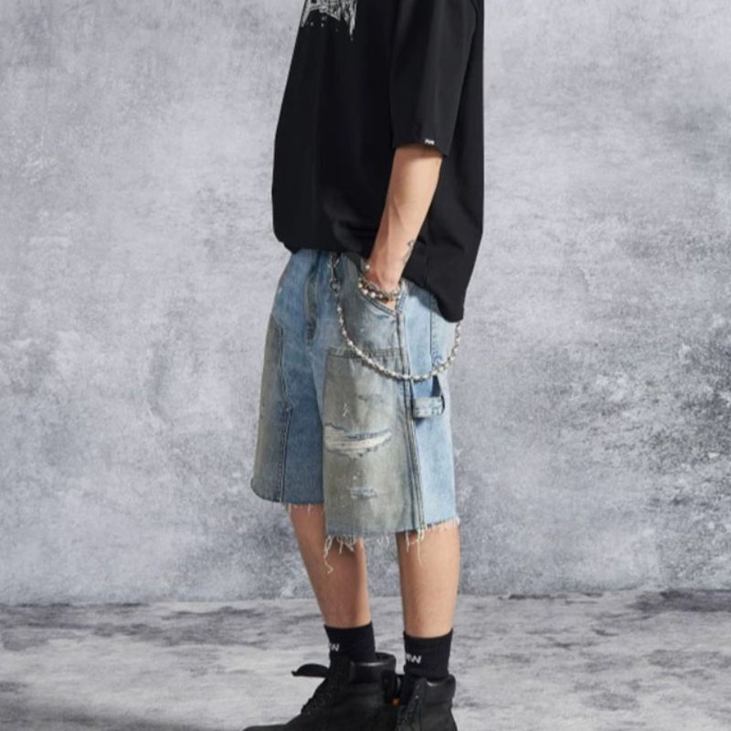 Summer Men's High-End Design Spliced Perforated Straight Leg Denim Shorts