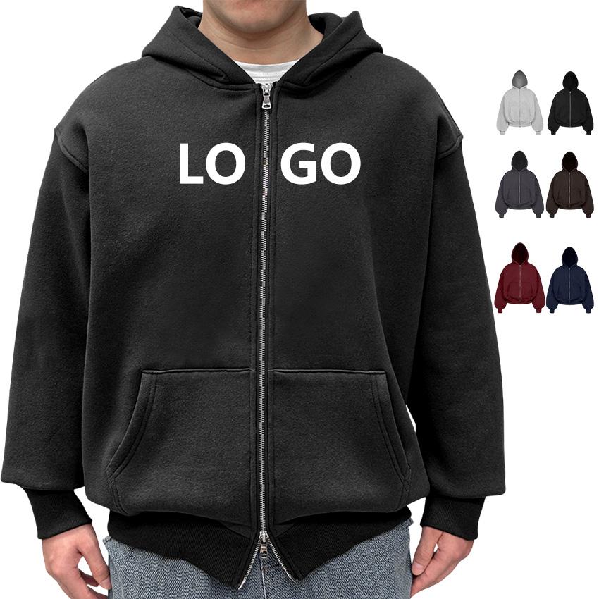 Double Zip Up Boxy Hoodie Custom Heavy Weight 400gsm 420gsm 100% Cotton Cropped Hoodie Men's French Terry Pullover Zipper Hoodie