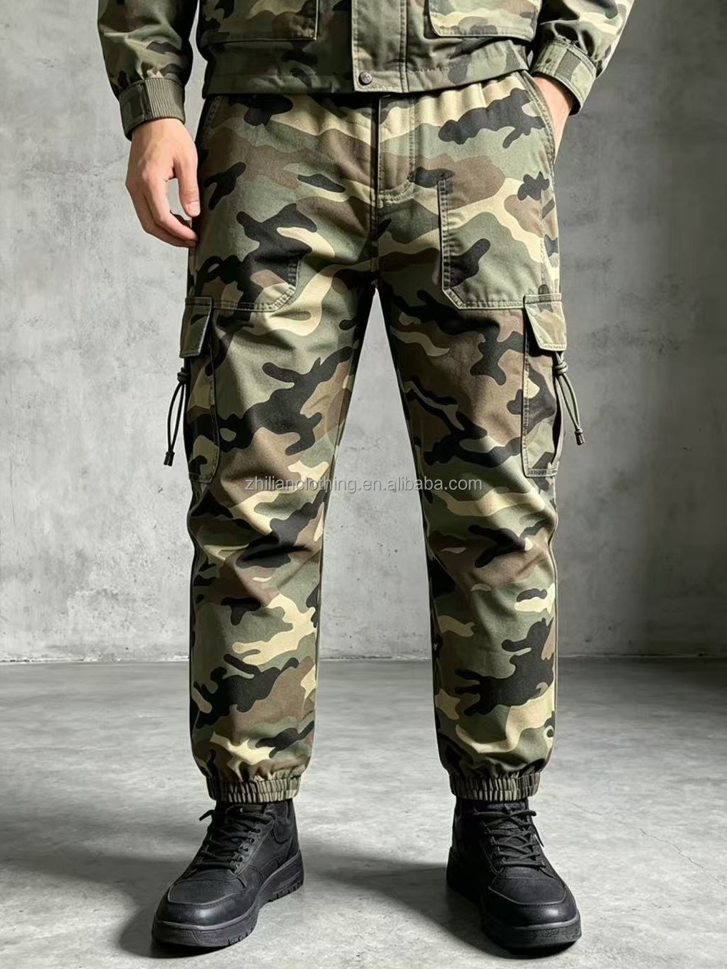 Classic Woodland Camo Cargo Jogger Pants Multi Drawstring Side Pockets Elastic Waist Streetwear Pants Trousers