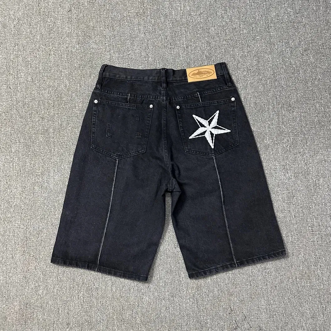 Summer Casual Shorts High Street Retro Distressed Shorts Jeans Star Embroidery Jacket Five-Point Pants Trend Denim