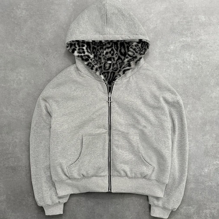 Custom Zip up Heavyweight Zip up French Terry Leopard Cheetah Graphic Printed Double Layer Reversable Hoodie