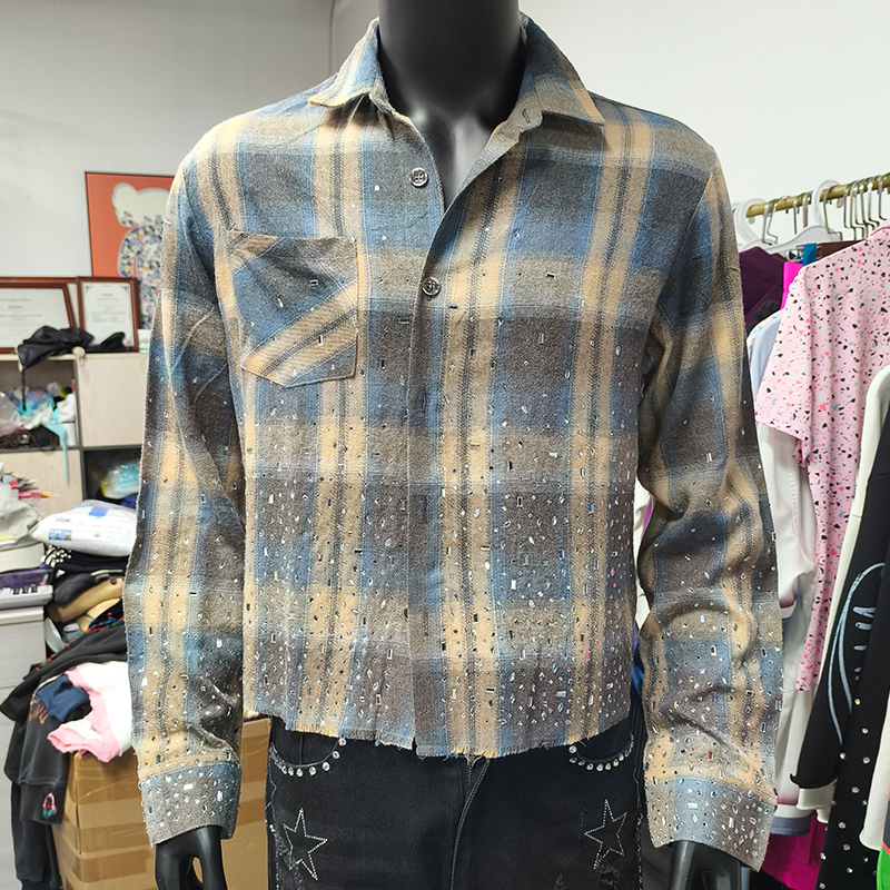 Custom Check Flannels Crop Long Sleeve Plaid Shirts Different Shapes Bright Shinny Rhinestones Flannel Button Up For Men