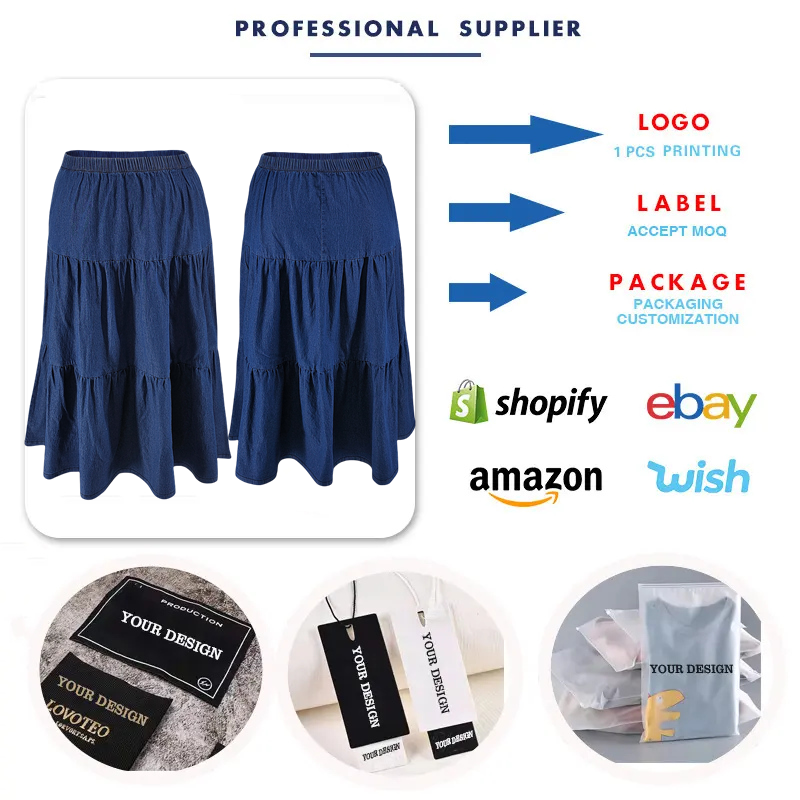 Y218636 High-Quality Plus Size Denim Skirt for Women Casual Elastic Waist Patchwork Ruched Long Jeans Skirt for Ladies