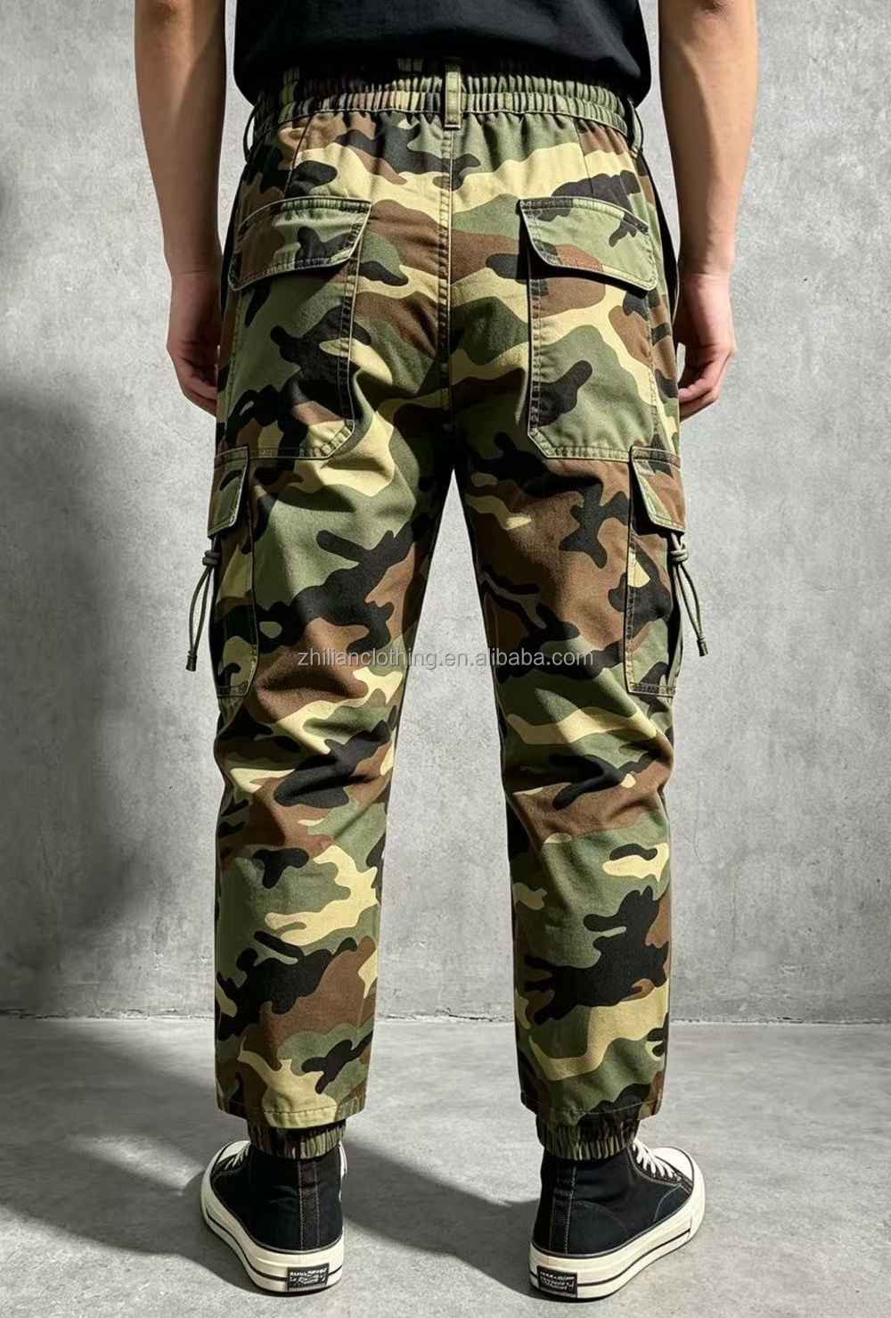 Classic Woodland Camo Cargo Jogger Pants Multi Drawstring Side Pockets Elastic Waist Streetwear Pants Trousers