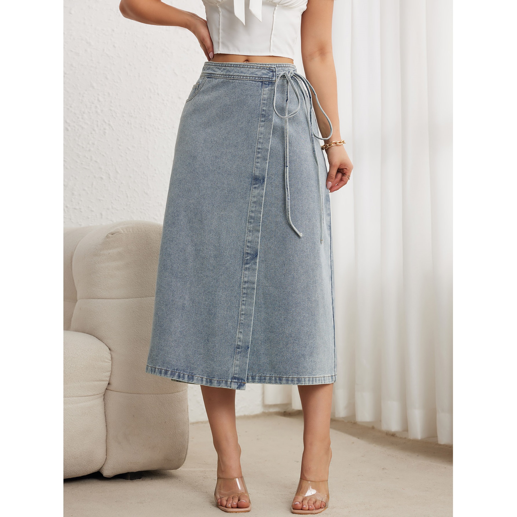 Cross-Border Women's Denim Skirt Side Tie Loose Fit Vintage Split Elegant Mid-Length Pencil Silhouette Quick Dry