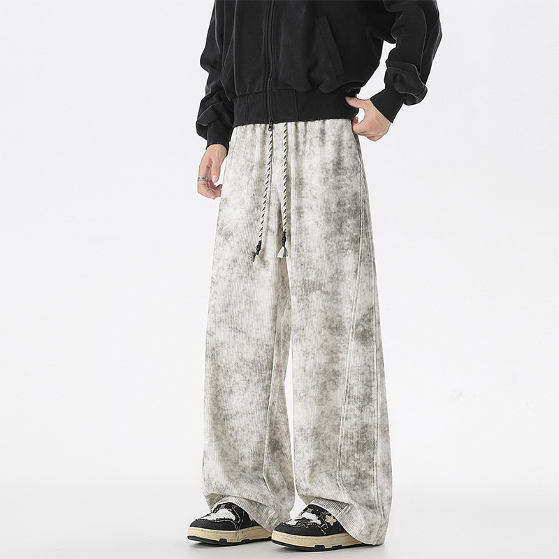 Men's Autumn Corduroy Polyester Fiber Casual Pants Loose Fit Straight-leg Wide-leg Machine Washable
