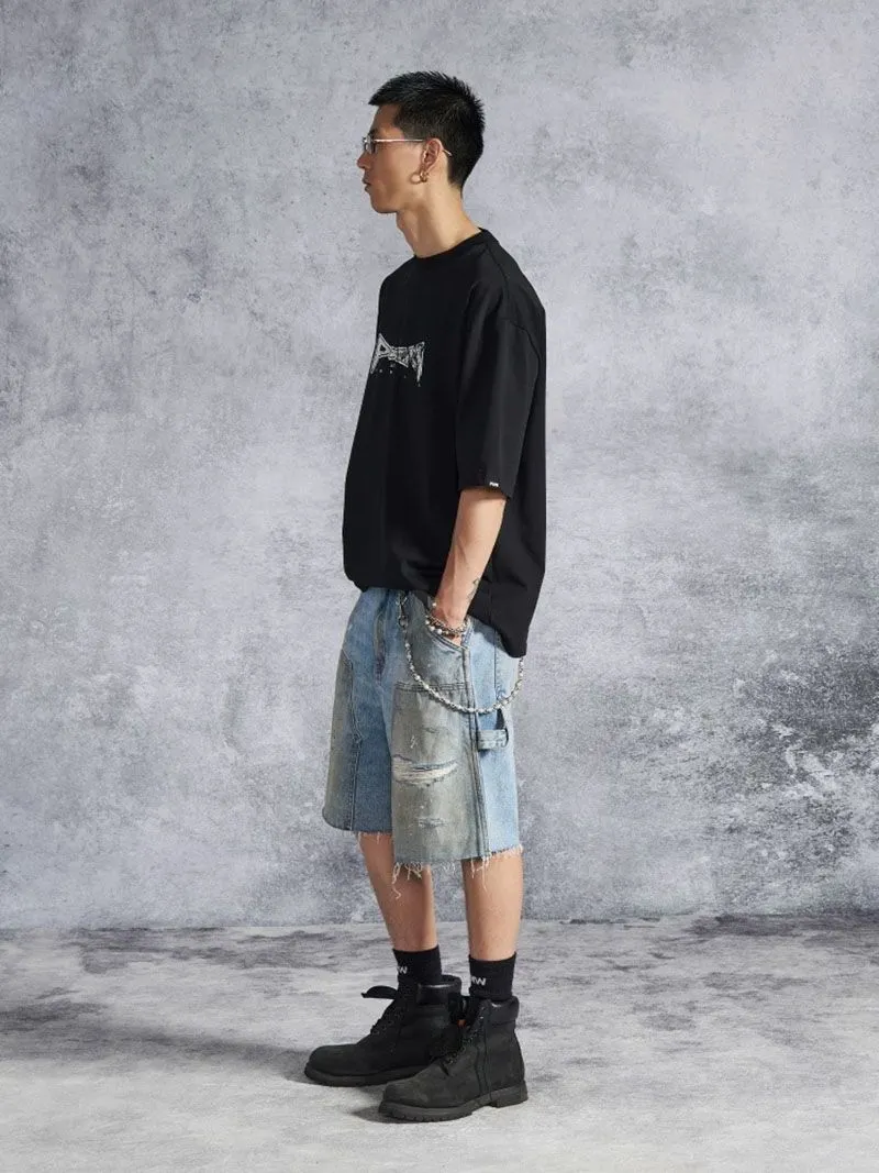 Summer Men's High-End Design Spliced Perforated Straight Leg Denim Shorts
