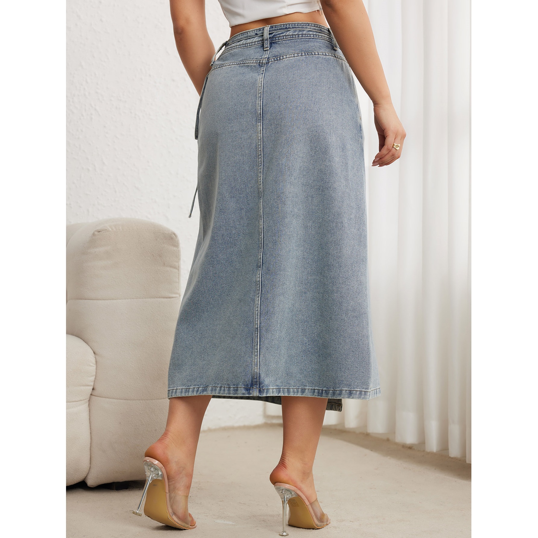 Cross-Border Women's Denim Skirt Side Tie Loose Fit Vintage Split Elegant Mid-Length Pencil Silhouette Quick Dry