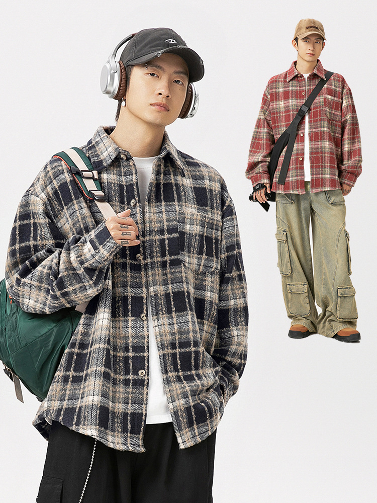 Custom Logo Vintage Mens Dress Shirt Fleece Lined Flannel Shirt for Men Warm Brushed Thicken Plaid Shirt Jacket Mens