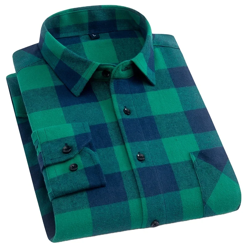 2025 New Men Classic Plaid Flannel Shirt 100% Cotton Long Sleeve Button Casual Summer Daily Wear Street Style Outfits
