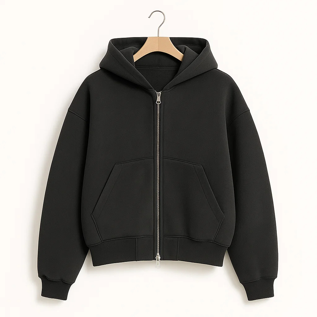Custom Men Cotton 500Gsm Blanks Heavyweight Fleece Cropped Full Zip Up Oversized Hoodie with Double Slider Zipper Design