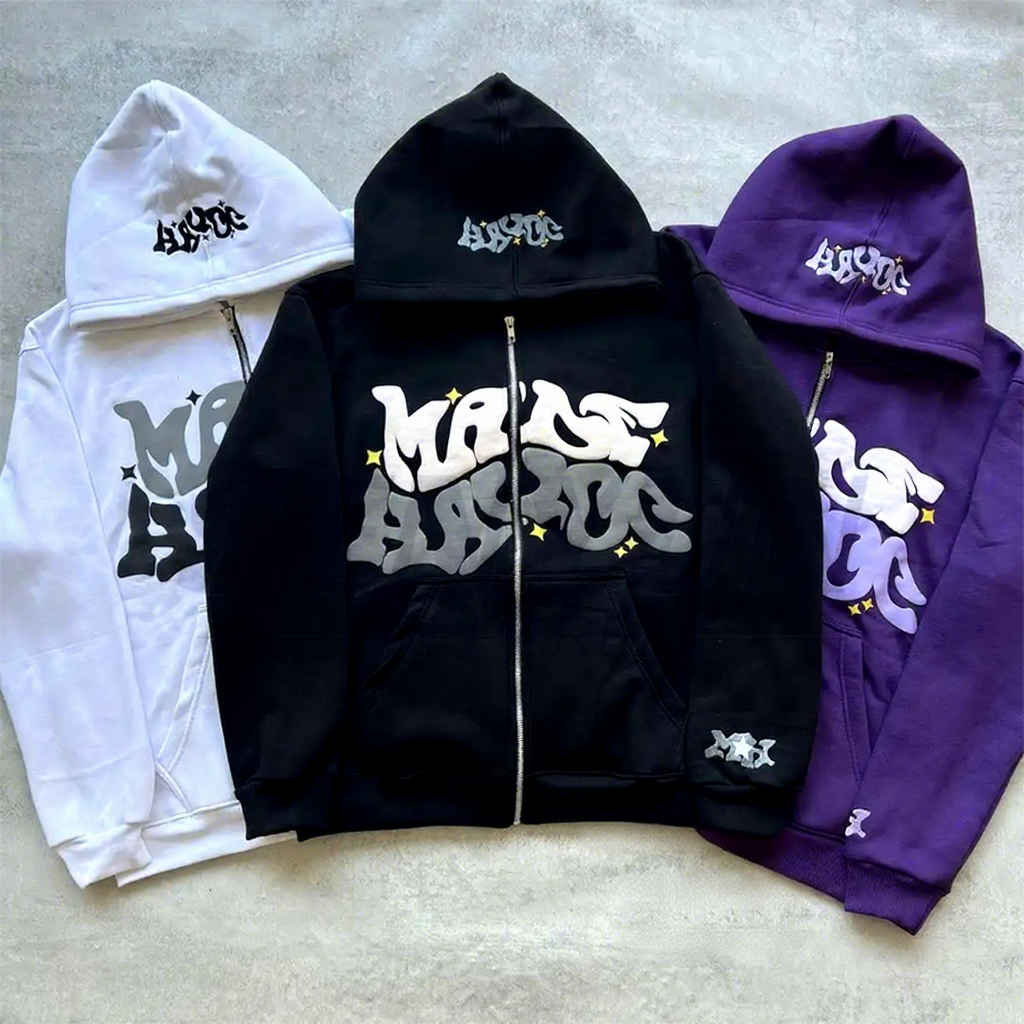 High Quality Wholesale Streetwear Graphic Sweatshirt Custom Logo Drop Shoulder Heavy Puff Print Cotton Plain Blank Zip Up Hoodie