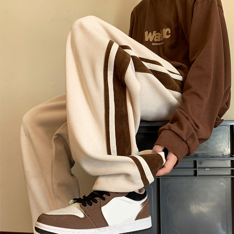 Men's 2026 Autumn Side Stripes Sport Casual Loose Sweatpants 100% Cotton Straight Cut Corduroy OEM Service XL Size Long Pants