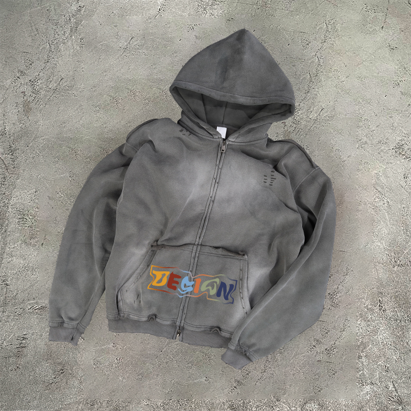 Manufacturer Custom Logo Embroidered 100% Cotton Winter Men's Oversized Pullover Hoodie with Zipper Acid Washed Hoodie