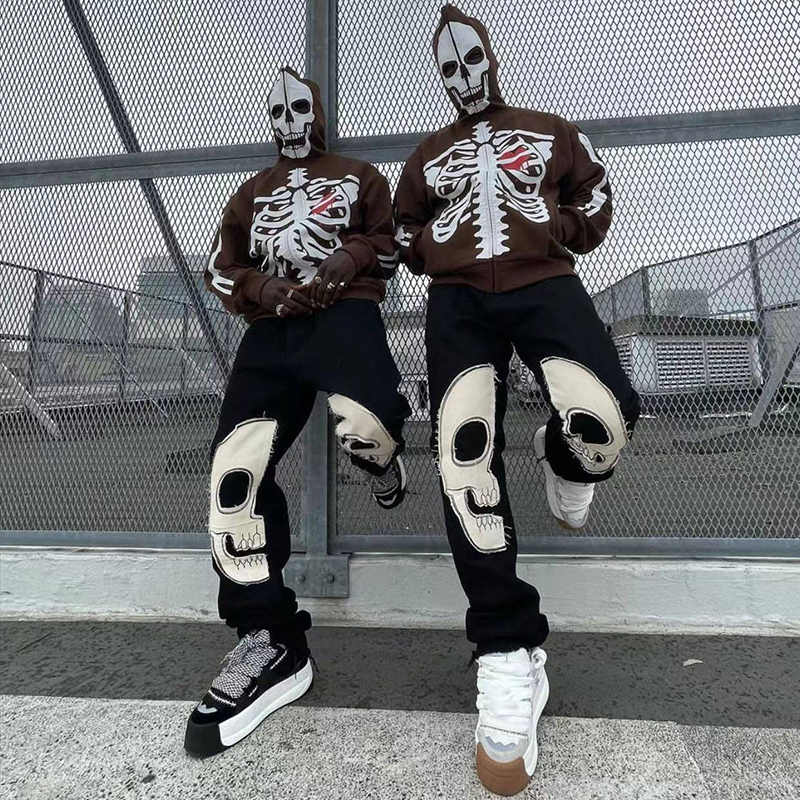 Streetwear Mens Cotton Trousers Sweatpants Custom Men Skull Patchwork Patch Embroidery Fleece Stacked Pants