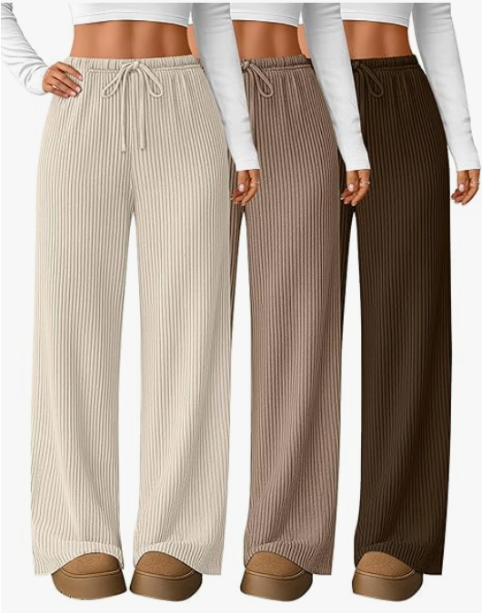 Elastic Knitted Ribbed Wide Leg Autumn/Spring Work Trousers with Drawstring Waist Polyester Spandex Blend Casual