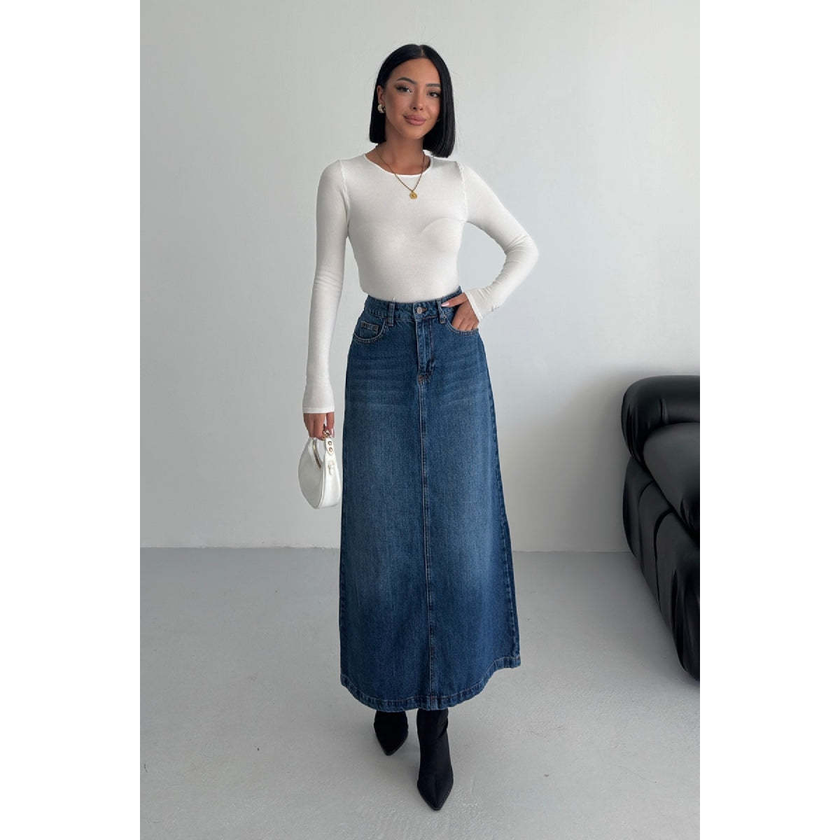 XLove Jeans Long Straight Silhouette 100% Cotton Simple Denim Skirt