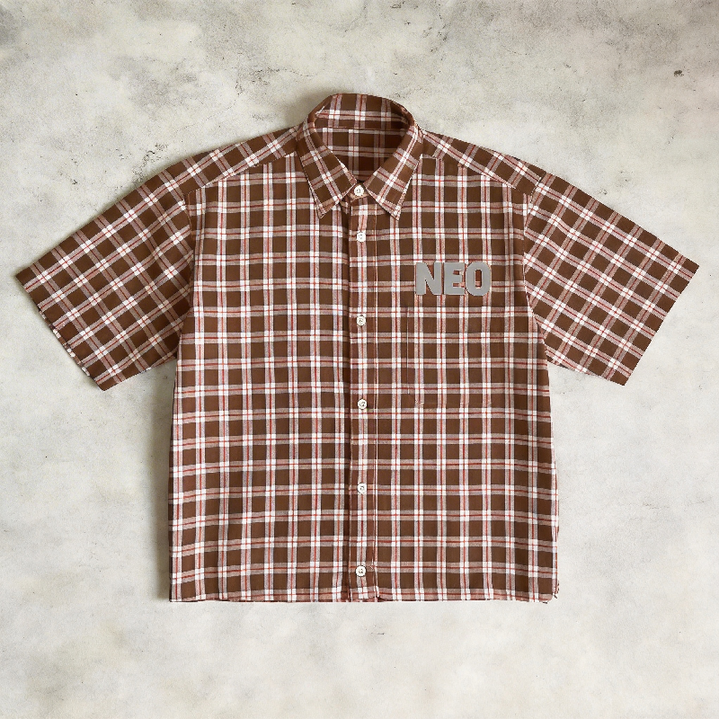 High Quality Custom Casual Button-Up Oversize Men's Plaid Flannel Shirt Silicone Printing Logo Crop Sleeve Shirt