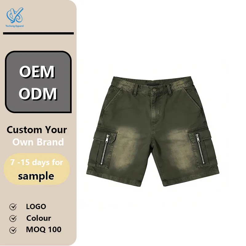 Custom Fashion Streetwear Multi Pocket Vintage 100% Cotton Acid Washed Embossed Men's Denim Shorts